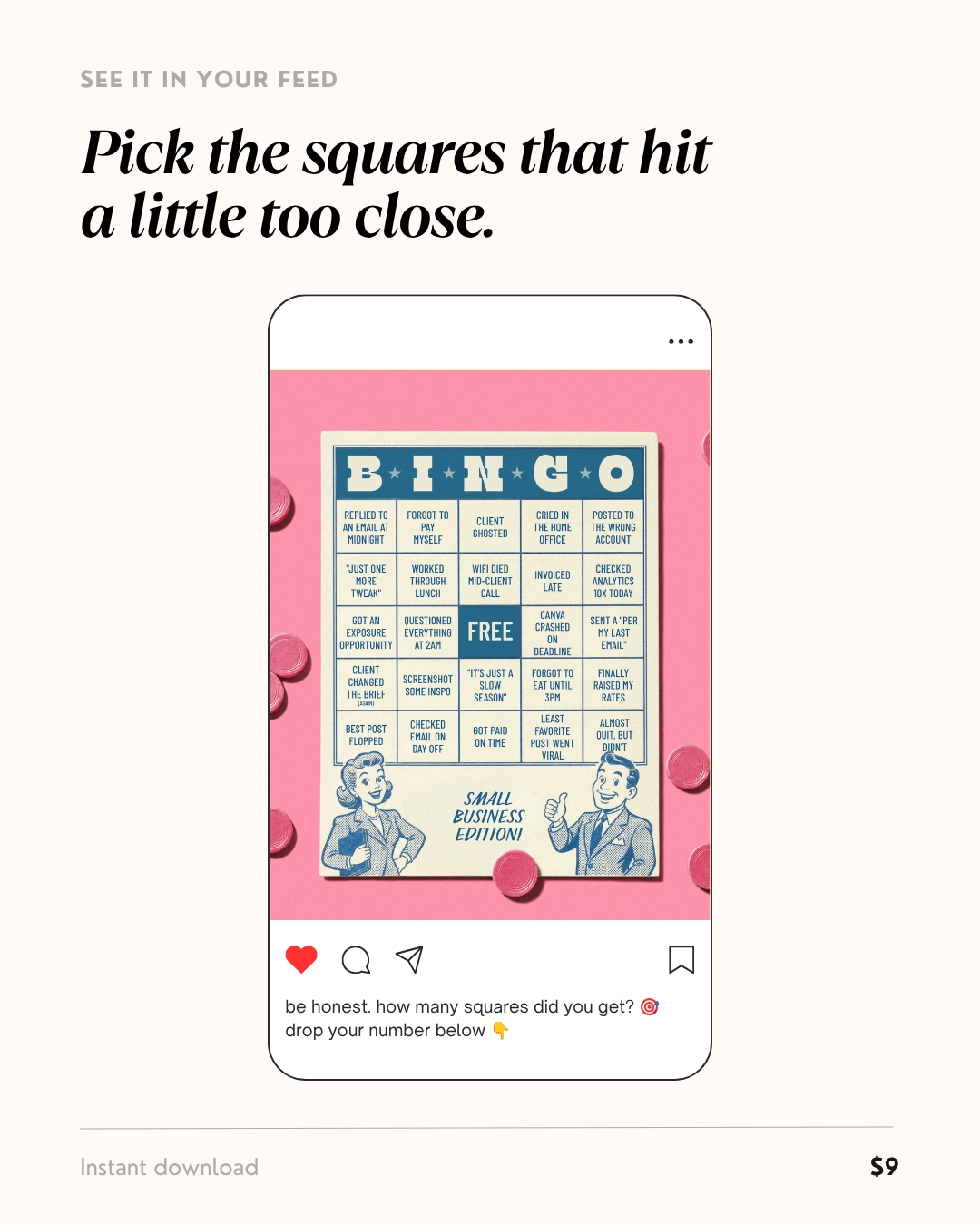 Bingo card Canva template styled as a finished Instagram post — small business edition with relatable squares and engagement caption