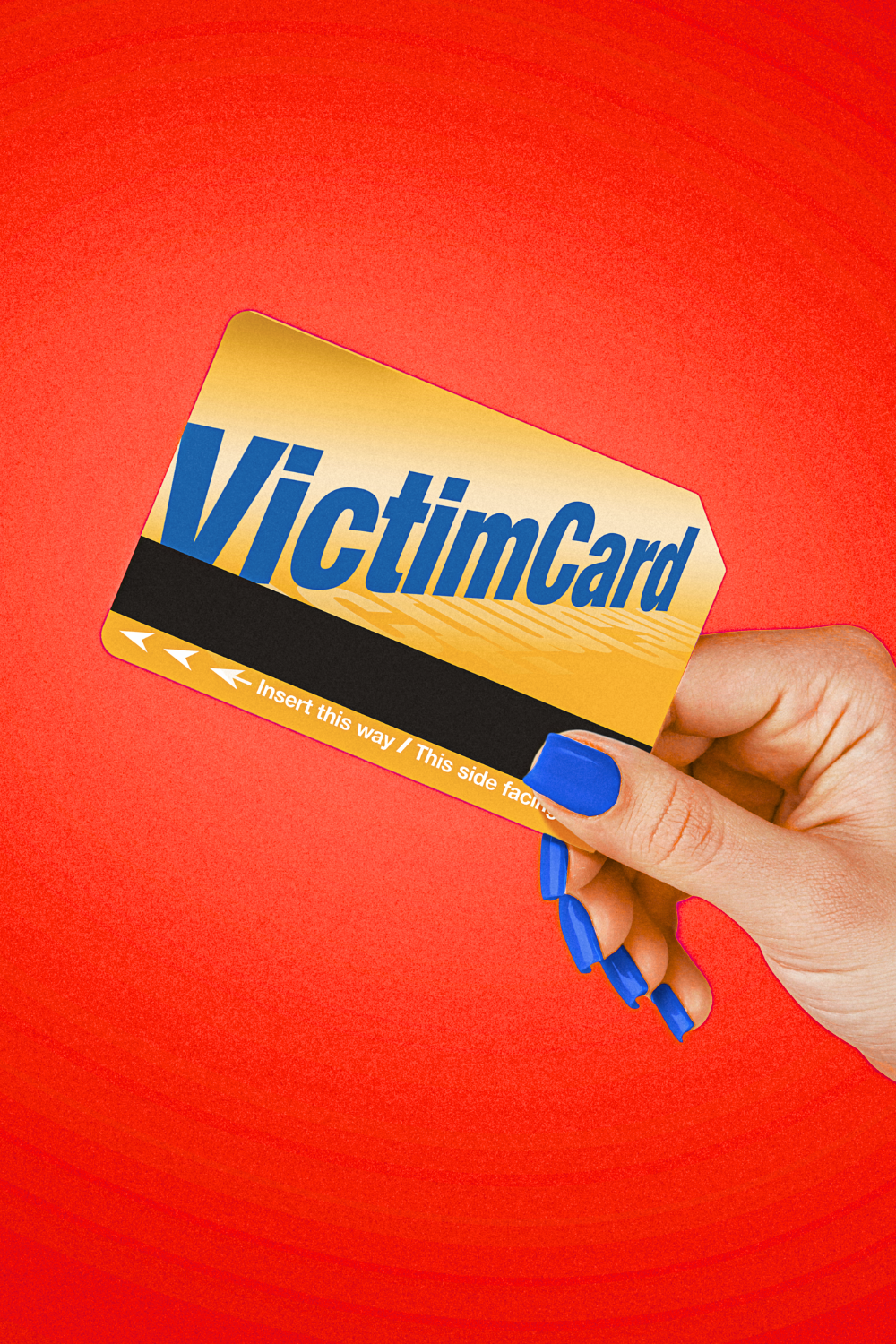 A female hand holding a NYC MTA Metro Card with the text "victim card" instead