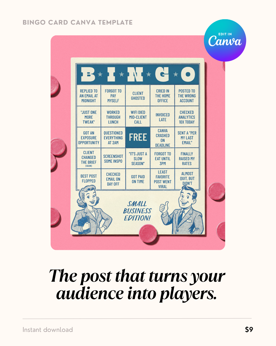 Bingo card Canva template hero image — retro blue and cream bingo card styled on a pink background with small business edition squares, fully editable in Canva