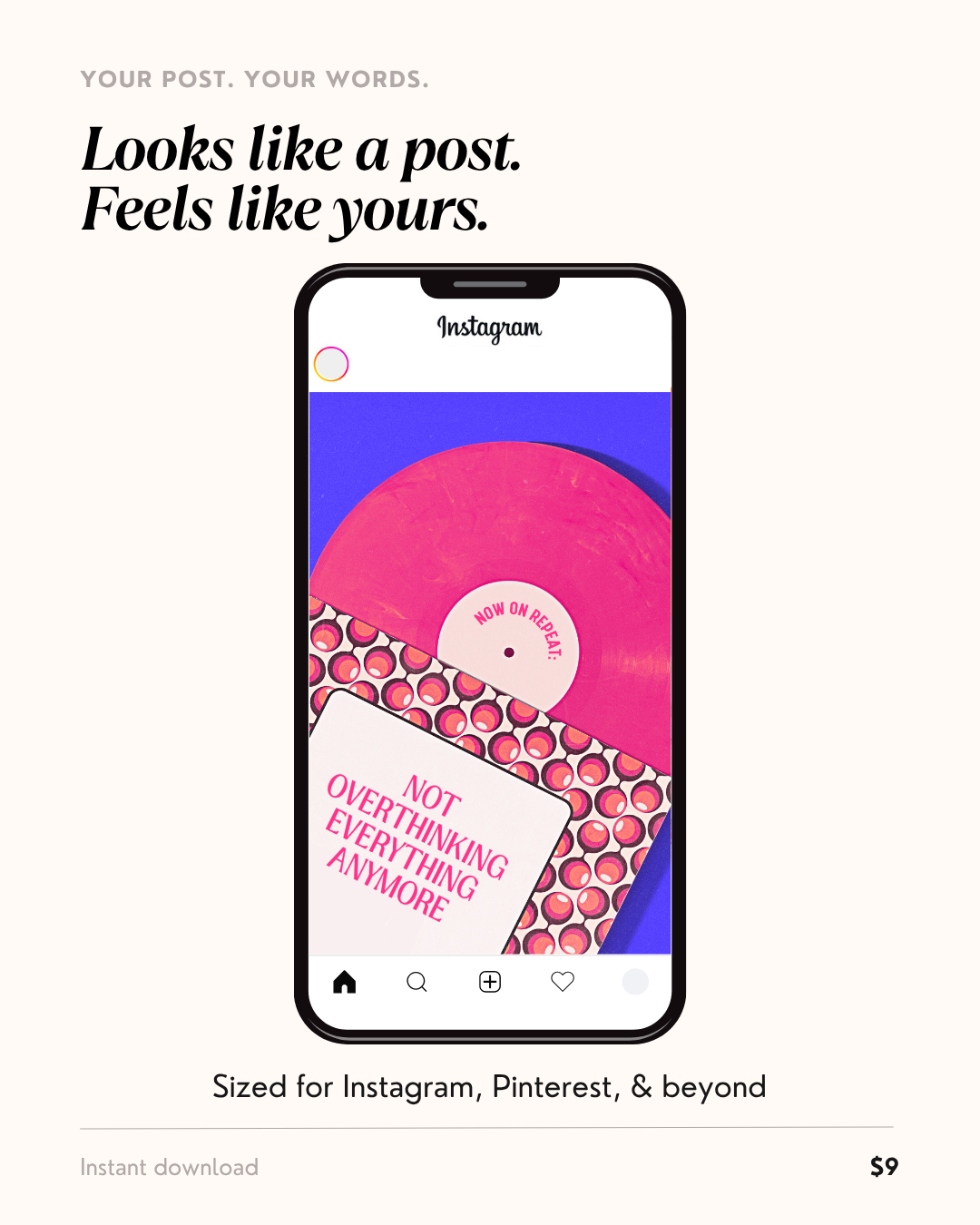 Vintage vinyl record Canva template shown in an Instagram feed on a phone mockup — purple record with "Not overthinking everything anymore" on the sleeve