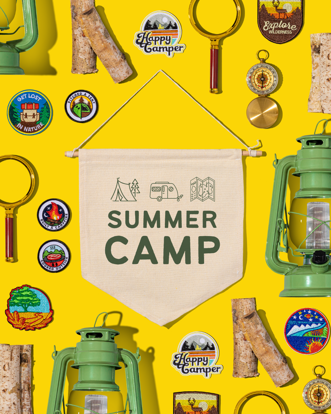 A Canva template of a background featuring various vintage summer camp items. Designed by Shamblen Studios.