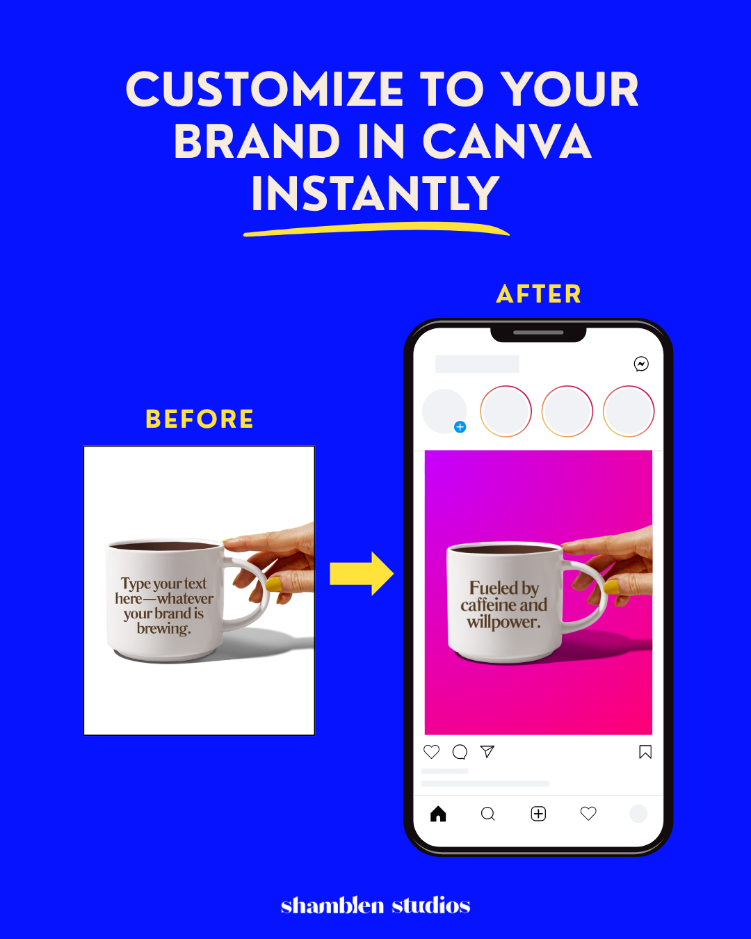 Coffee Mug Canva Template featuring a female hand holding a stylish coffee cup with editable text for content creation and marketing for small businesses and entrepreneurs.
