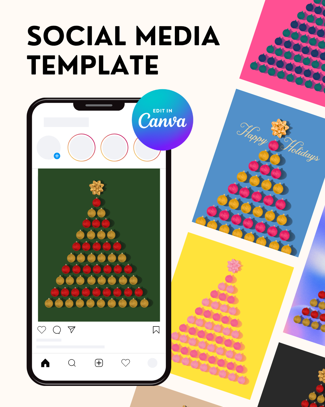 holiday social media template of a christmas tree made up of colorful baubles