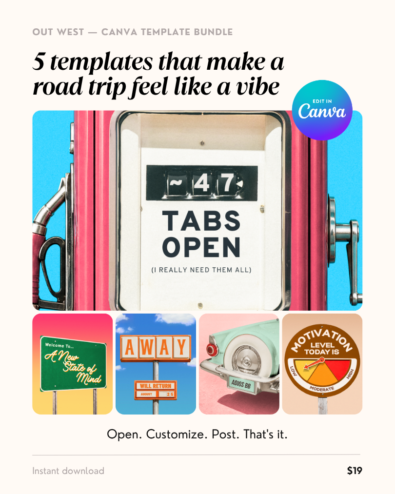 5 templates included in the Out West Canva template bundle — vintage gas pump, gas station sign, welcome sign, license plate, and warning sign designs for Instagram