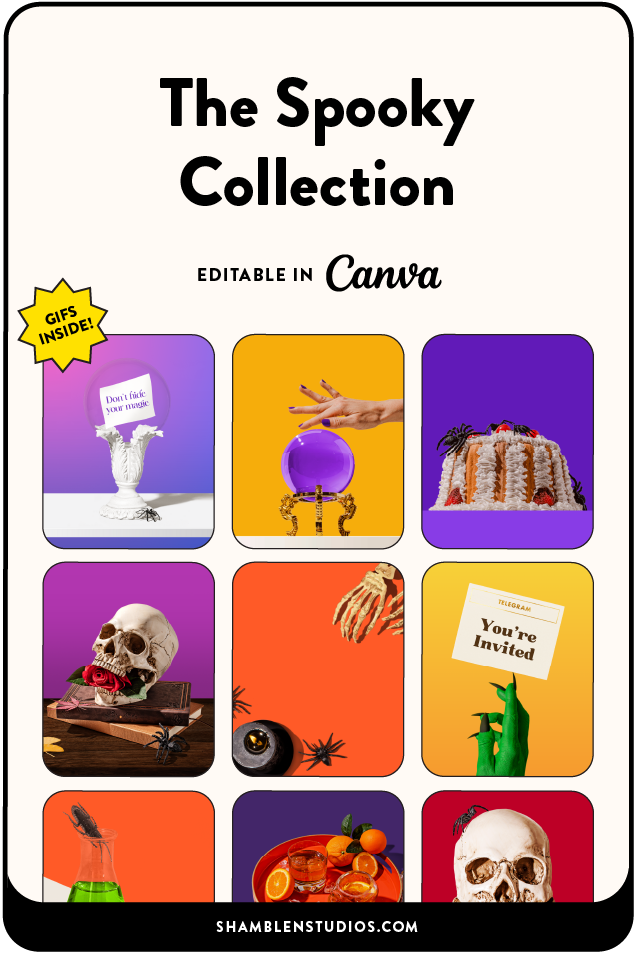 Whether you’re a small business owner, influencer, or content creator, these Halloween-themed Canva photo templates from Shamblen Studios will help you decorate your online marketing.