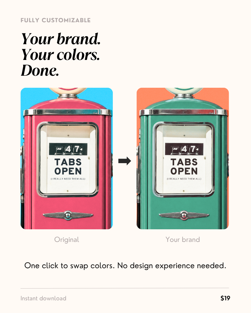 Two color variations of the vintage gas pump Canva template — pink original and green customized version showing how easily it adapts to different brand colors