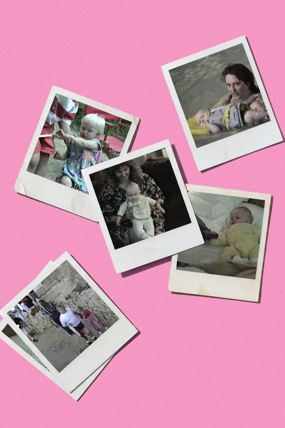 Nostalgic Mother's Day Instagram post idea — vintage polaroid photo collage template on rich pink background for personal brands