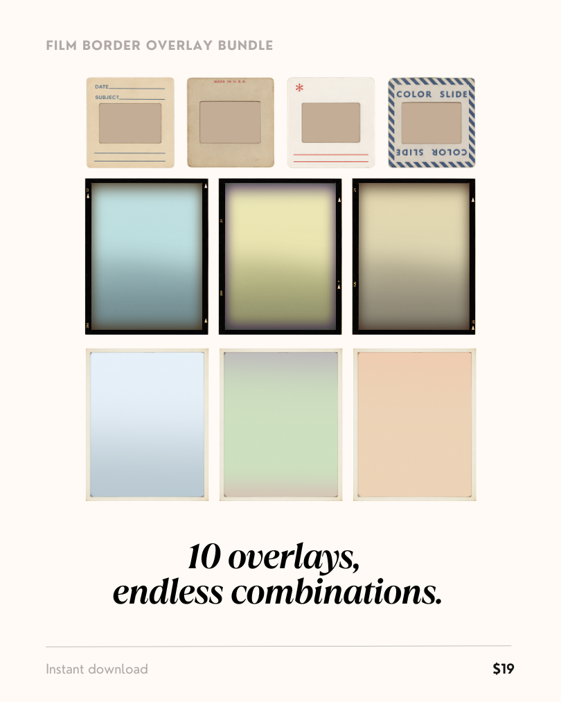 Film border overlay bundle for Canva — 10 vintage overlays including 4 film slides, 3 black border film frames, and 3 white border film frames displayed on a cream background