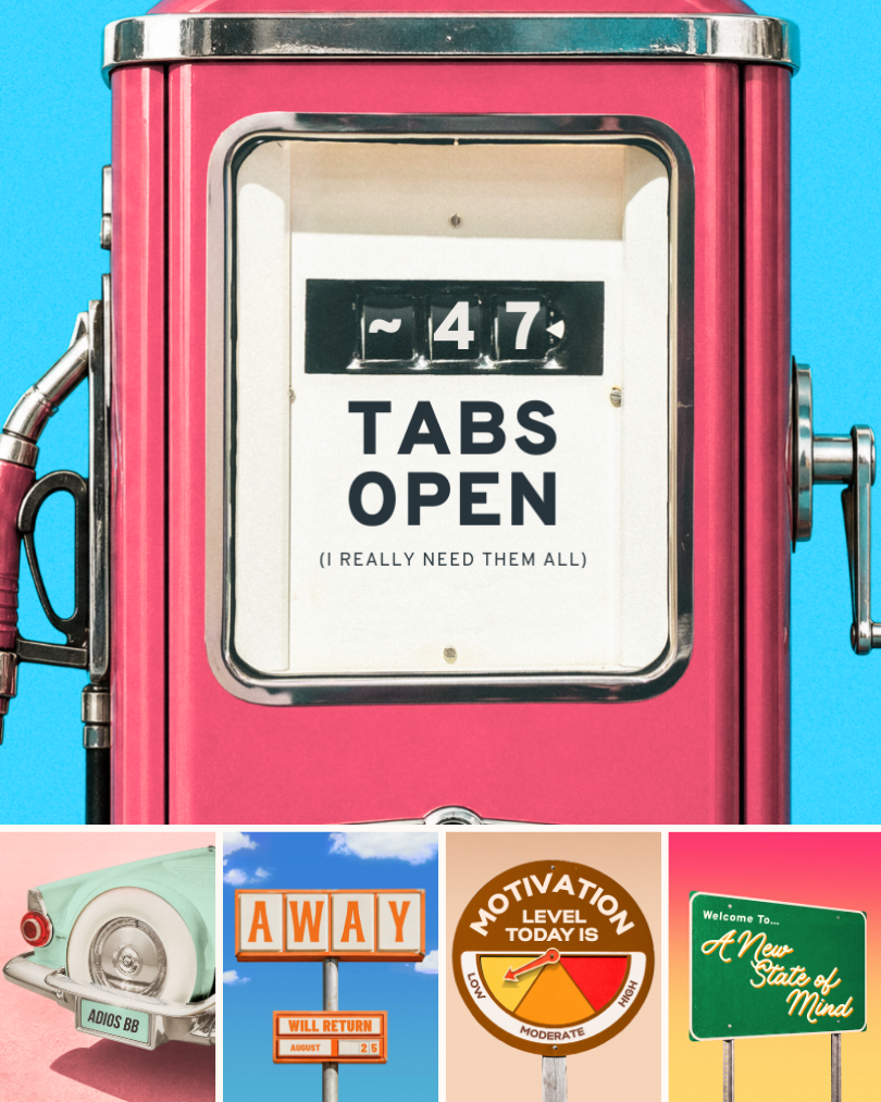Out West Canva template bundle hero image — vintage pink gas pump with "Tabs Open" text, styled with road trip themed thumbnails below