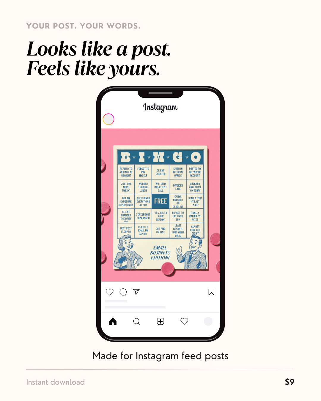 Bingo card Canva template shown in an Instagram feed on a phone mockup — small business bingo card post ready to share