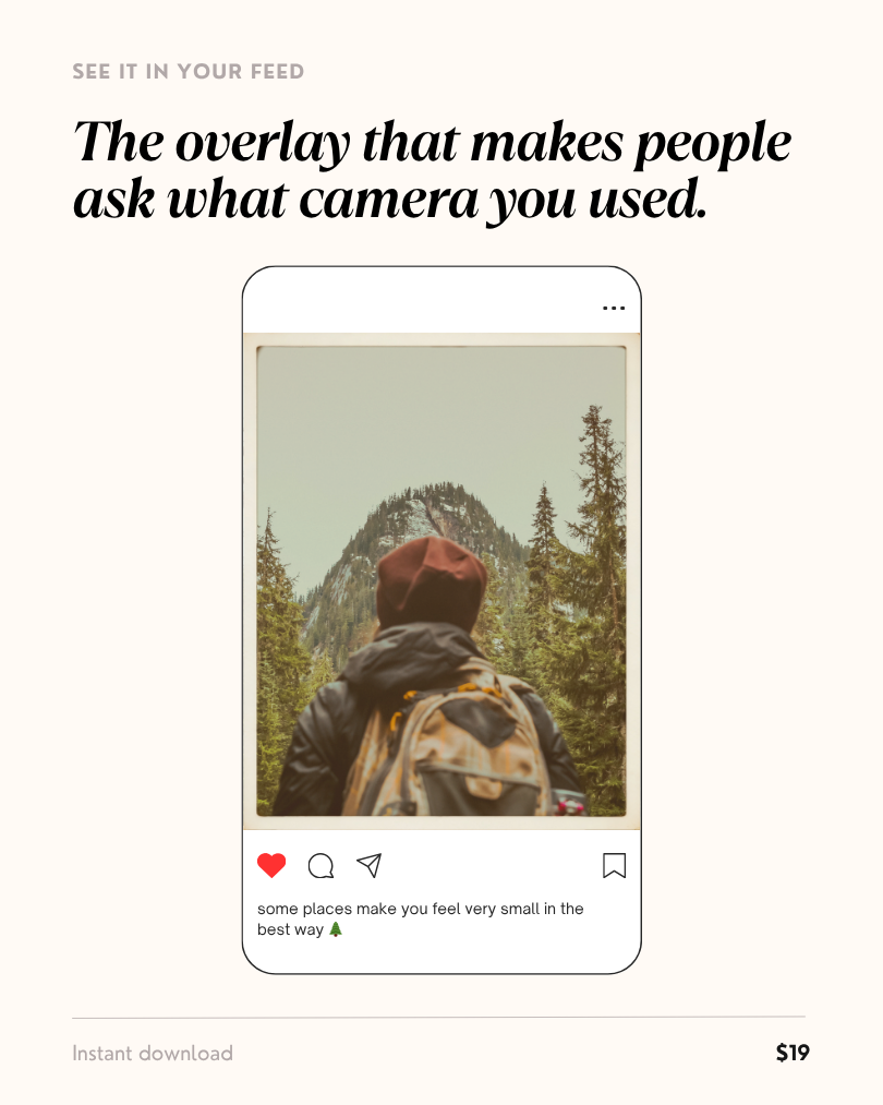 Vintage film border overlay Canva template shown as a finished Instagram post — hiker photo with white border film frame overlay, styled on a cream background