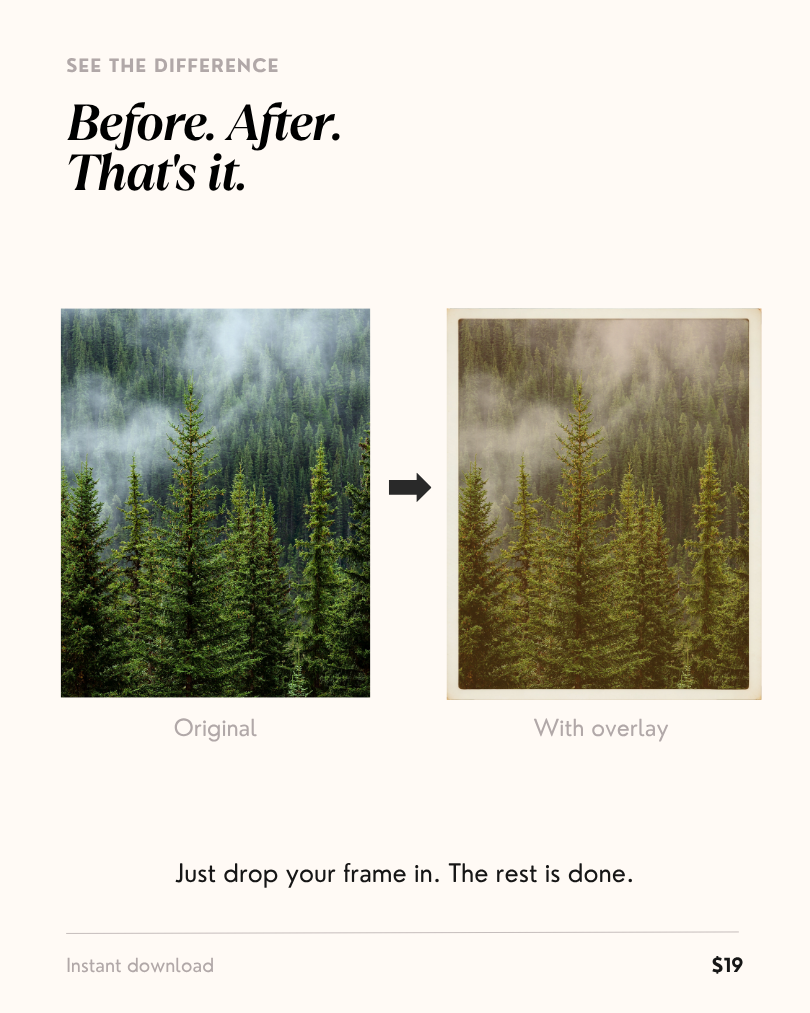Before and after comparison of a vintage film border overlay Canva template — original forest photo on the left, photo with warm tint black border film frame overlay on the right