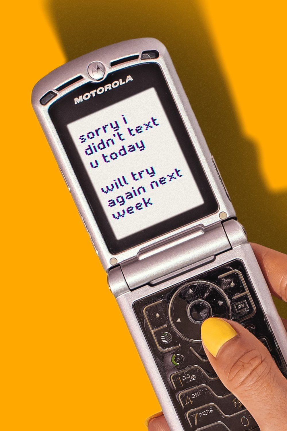 Motorola RAZR flip phone Canva template for Instagram — retro Y2K aesthetic social media template with editable text, styled on a yellow background