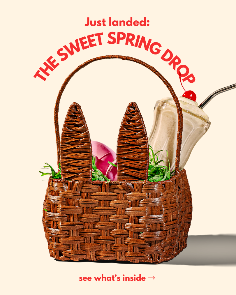 Image of an easter basket with eggs and a sundae that says "just landed: the sweet spring drop" above it. Canva template by Shamblen Studios.