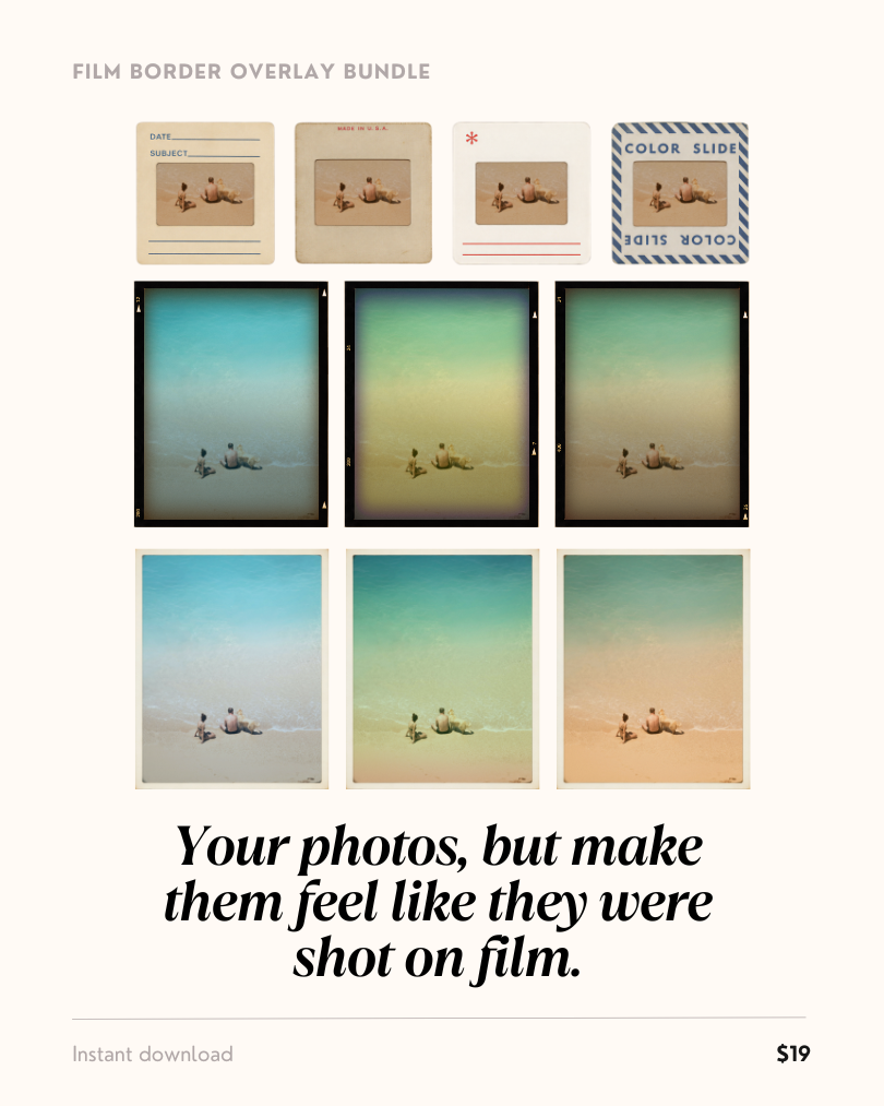 Vintage film border overlay Canva templates shown over a beach photo — film slides and black and white border frames with warm, cool, and green tint variations