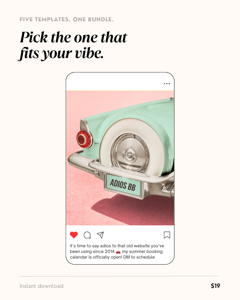 Vintage car license plate Canva template styled as a finished Instagram post — "Adios BB" license plate with sample caption