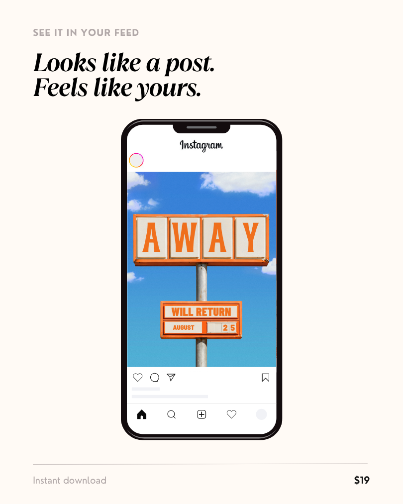 Out West Canva template shown in an Instagram feed on a phone mockup — vintage gas station sign reading "Away, will return August 25"