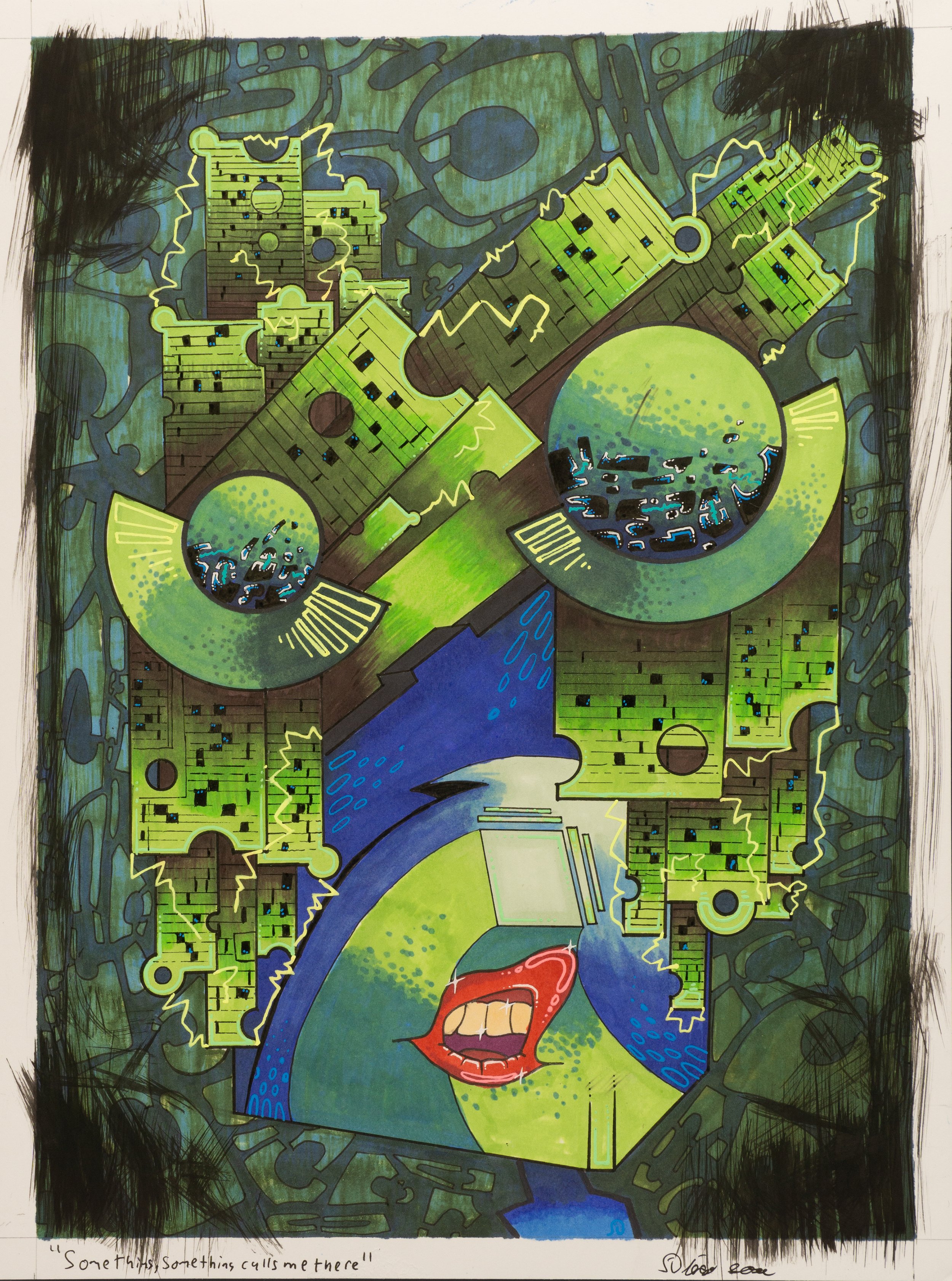"Something calls me there" mixed media on paper, 9"x 12"