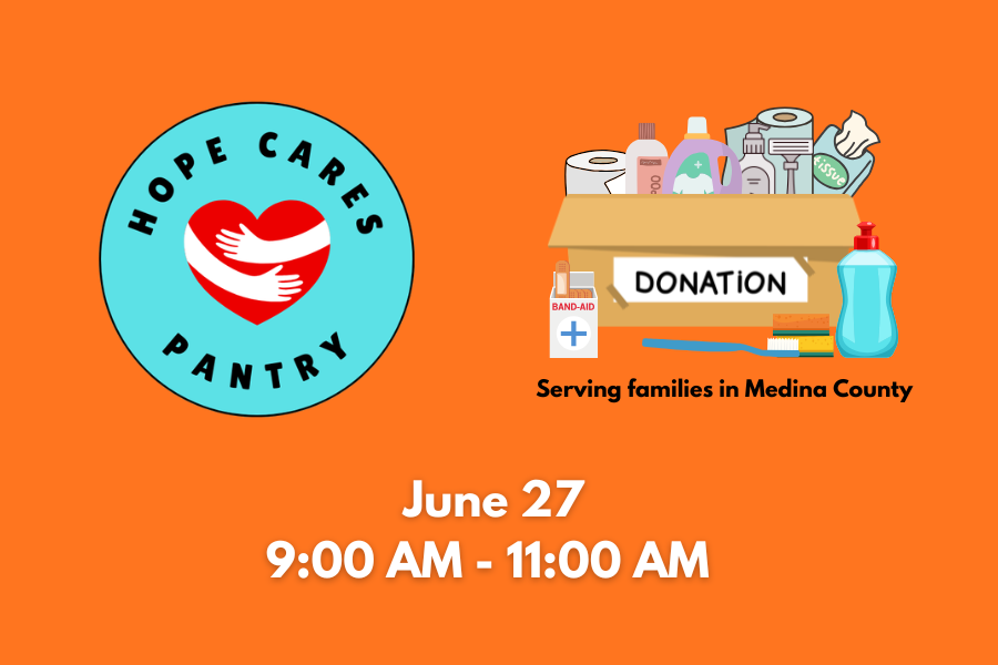 Hope Cares Pantry donation event flyer with logo, donation box, and event details for March 22 and April 26, 9:00 AM to 12:00 PM, serving families in Medina County.