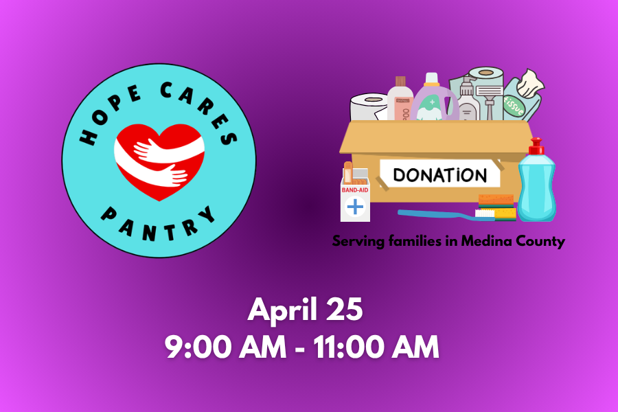 Hope Cares Pantry donation event flyer with logo, donation box, and event details for March 22 and April 26, 9:00 AM to 12:00 PM, serving families in Medina County.