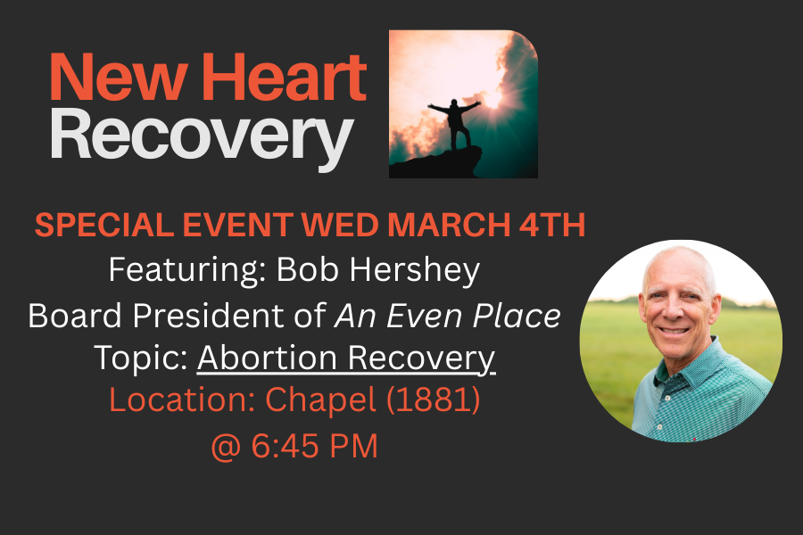 Flyer for "New Heart Recovery" program with scripture Ezekiel 36:26-27, featuring a silhouetted figure reaching upwards against a bright sky, and meeting time "Every Wed at 6:45 PM."