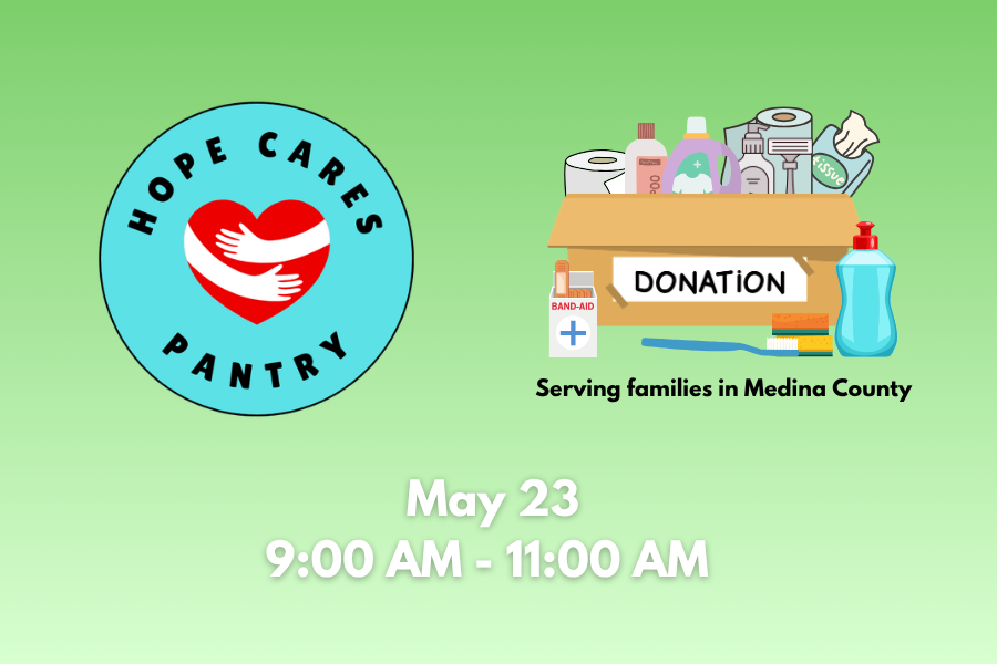 Hope Cares Pantry donation event flyer with logo, donation box, and event details for March 22 and April 26, 9:00 AM to 12:00 PM, serving families in Medina County.