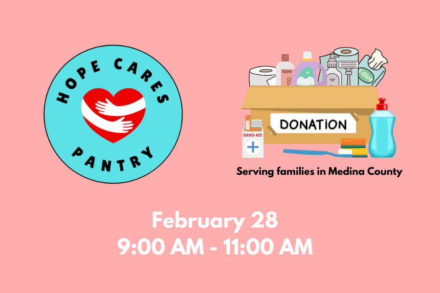 Hope Cares Pantry donation event flyer with logo, donation box, and event details for March 22 and April 26, 9:00 AM to 12:00 PM, serving families in Medina County.