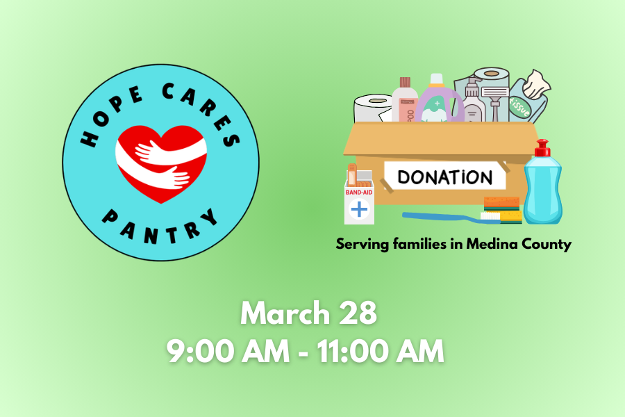 Hope Cares Pantry donation event flyer with logo, donation box, and event details for March 22 and April 26, 9:00 AM to 12:00 PM, serving families in Medina County.