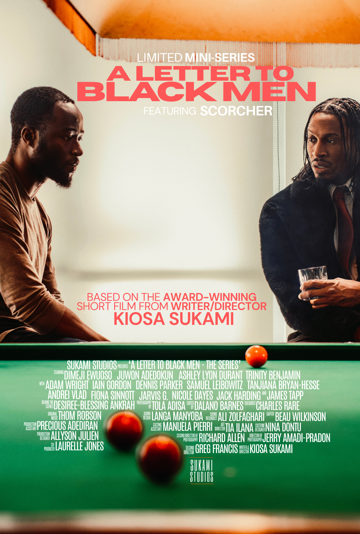 Poster for the mini-series 'A Letter to Black Men' featuring two men sitting across from each other at a pool table, engaged in conversation. The poster includes text about the series, its creator Kiosa Sukami, cast members, and production credits.
