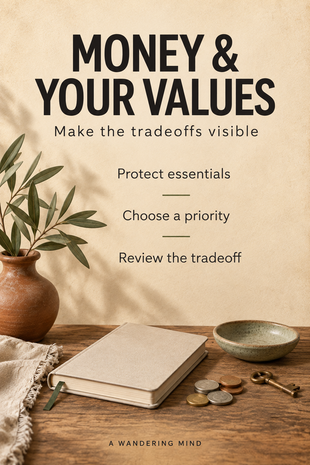Money and Your Values visual reminder: protect essentials, choose a priority and review the tradeoff, above a notebook and coins.