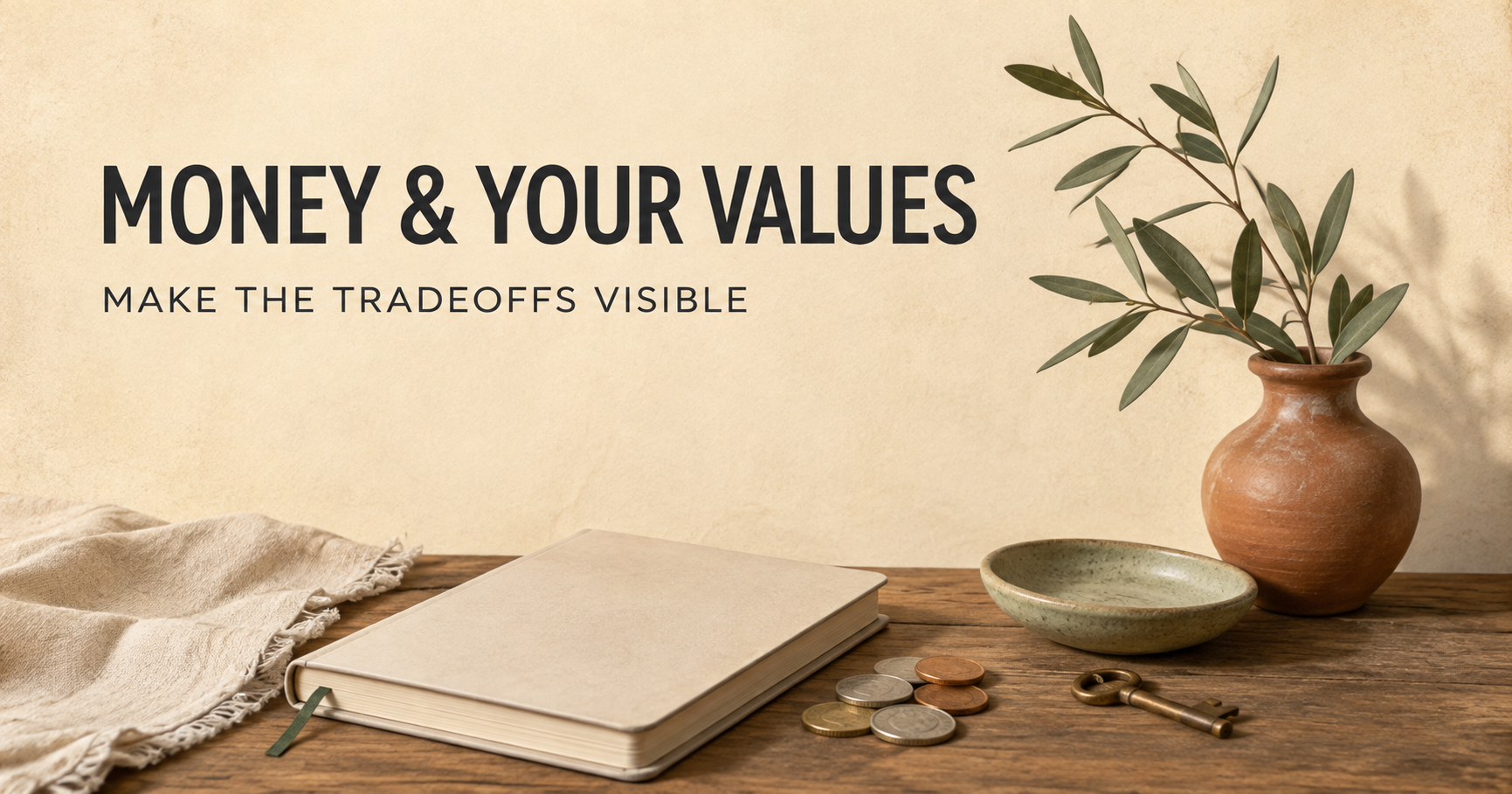 Illustrated notebook, coins and a key beside the words Money and Your Values: Make the Tradeoffs Visible.