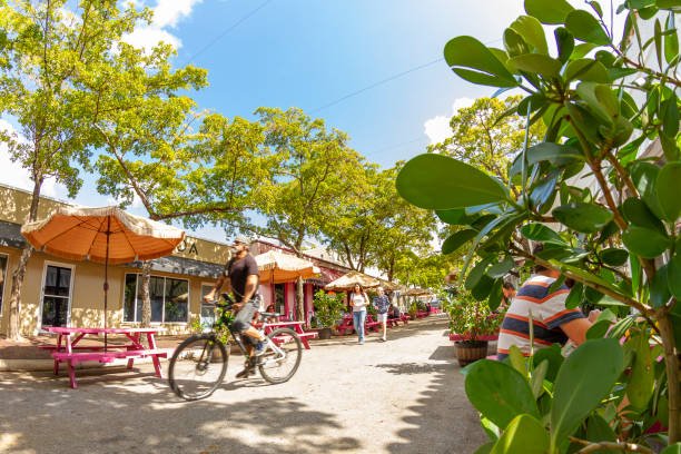 A street scene with outdoor seating, colorful storefronts, and people walking and biking in a sunny, tree-lined area.