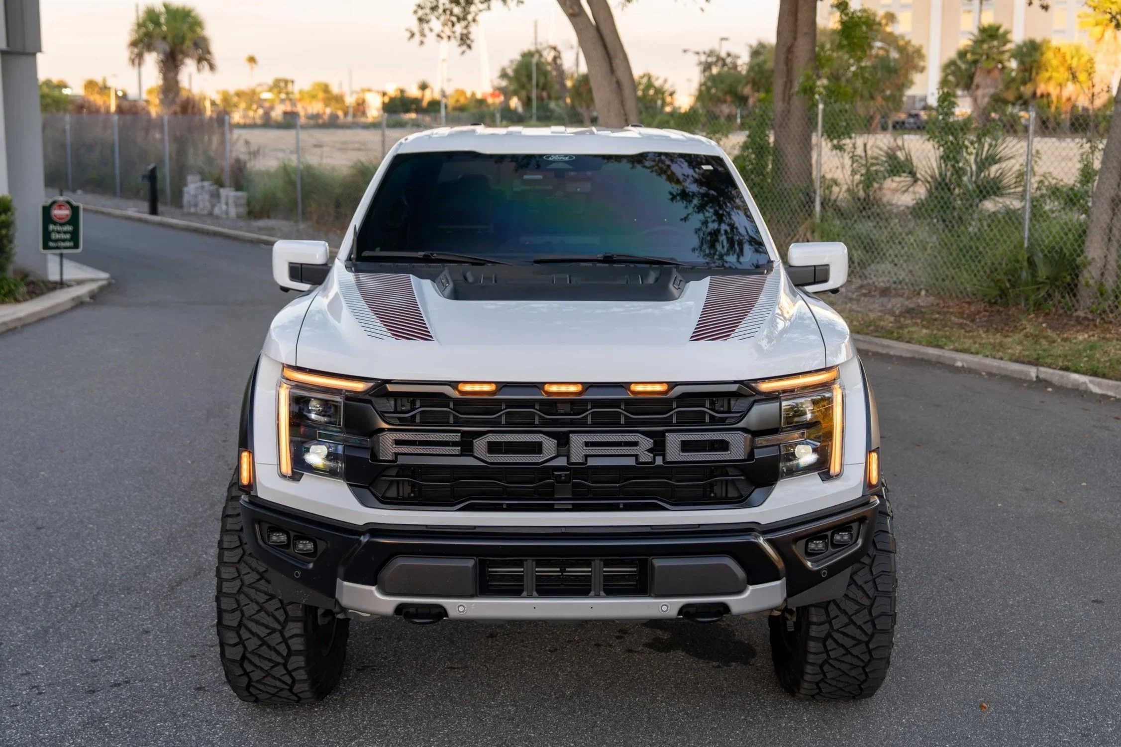 Front view of a white Ford F-150 truck with a custom grille and hood vents, parked on a paved street with trees and buildings in the background.