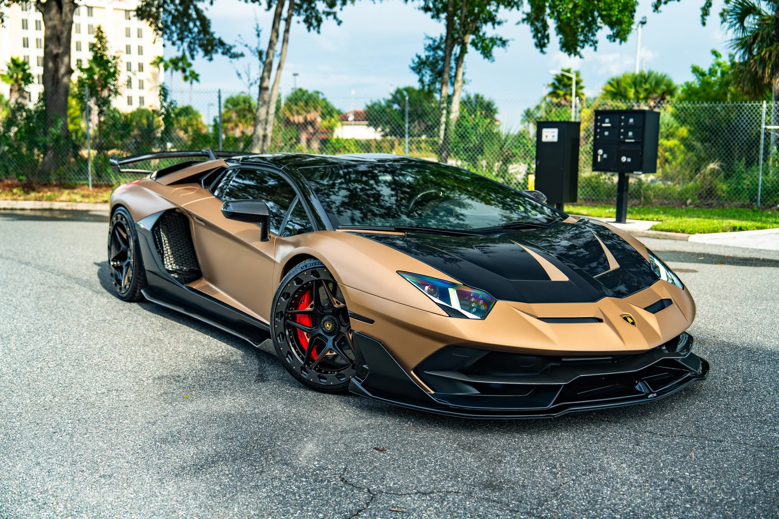 A gold and black Lamborghini sports car parked on a street with trees and buildings in the background.