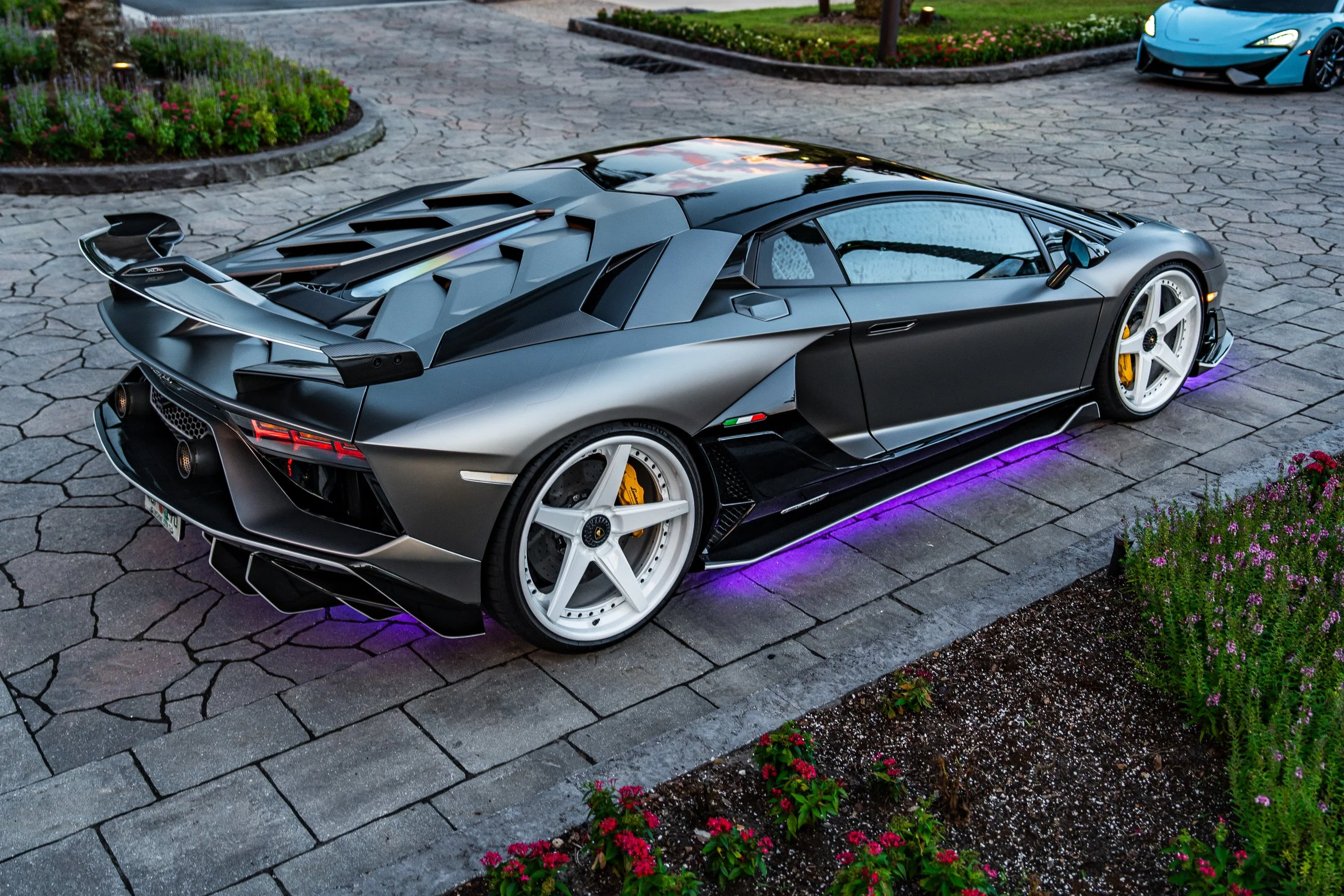 A black and gray Lamborghini supercar with white wheels and yellow brake calipers, parked on a stone driveway surrounded by flowers and greenery.