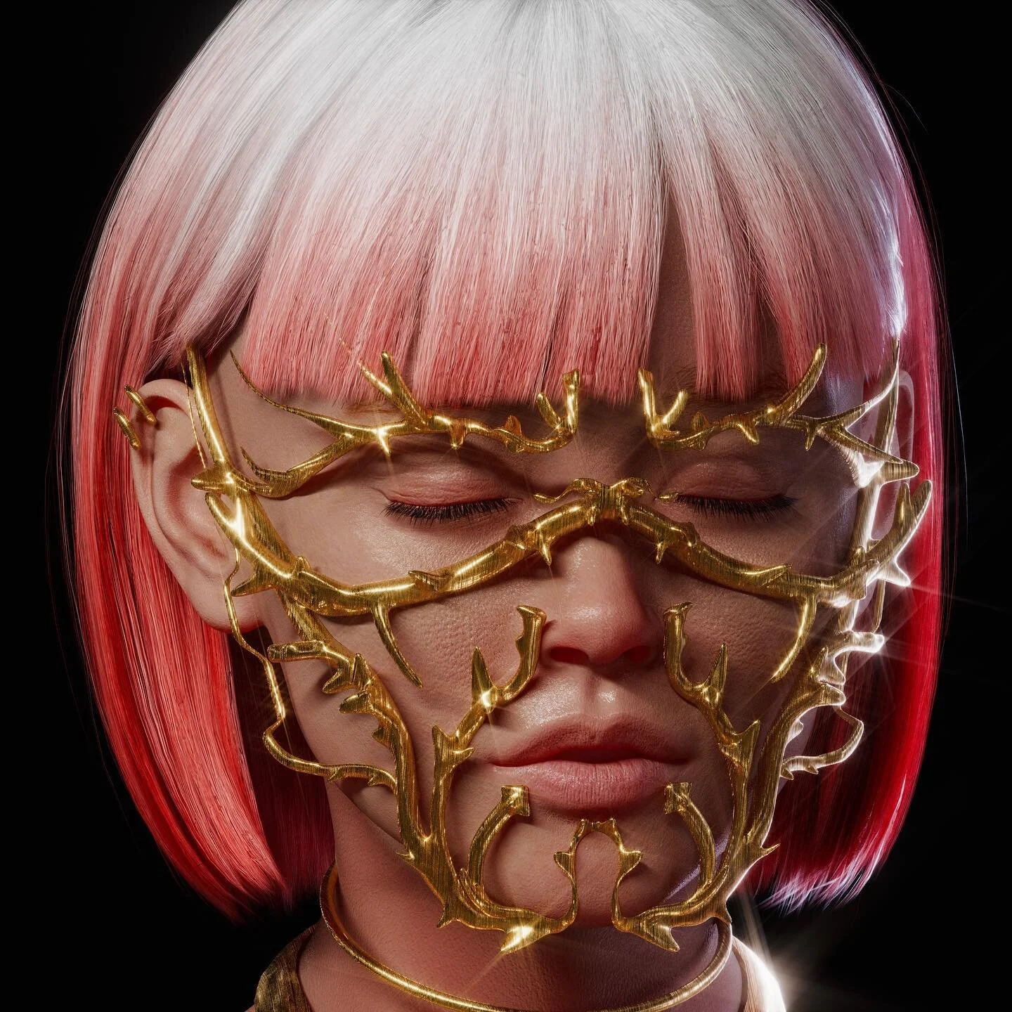 Face mask experiment I worked on last night. Gold areas sculpted in VR using Medium.
.
.
.
.
.
.
.
.
.
.
#surreal #selectedwork #designard #3dart #vrart #vrsculpting #chrometype #fuckrender #snapmagazine #digitalart #acidgraphix #jewelry #mask #crown