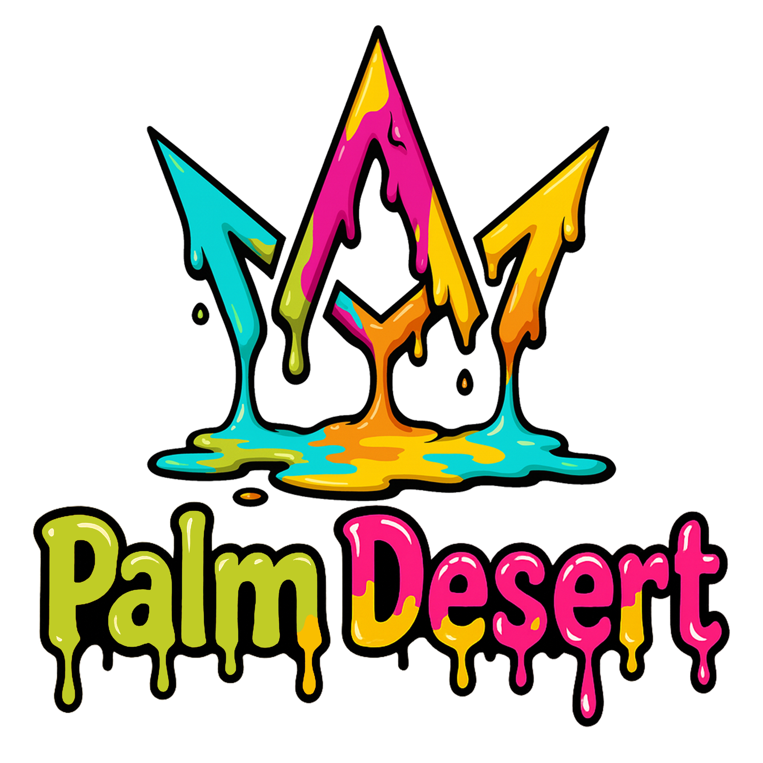Colorful graffiti-style logo with melting paint spikes and the words 'Palm Desert' in dripping letters.
