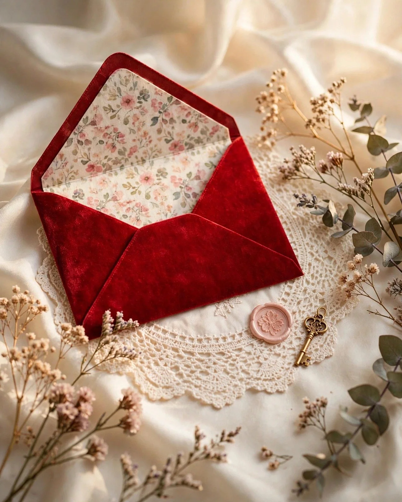 Red velvet envelope resting on ivory lace