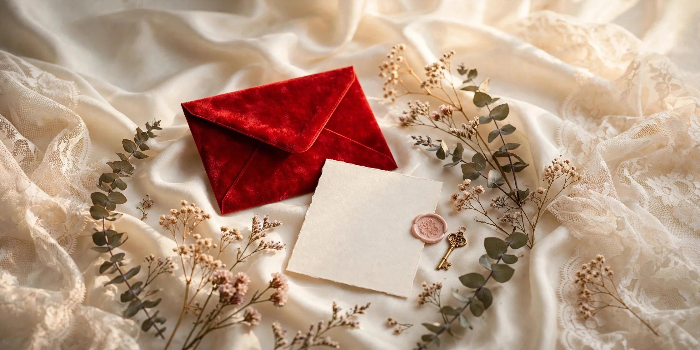 Red velvet Wild Flowers Club envelope on cream silk and lace