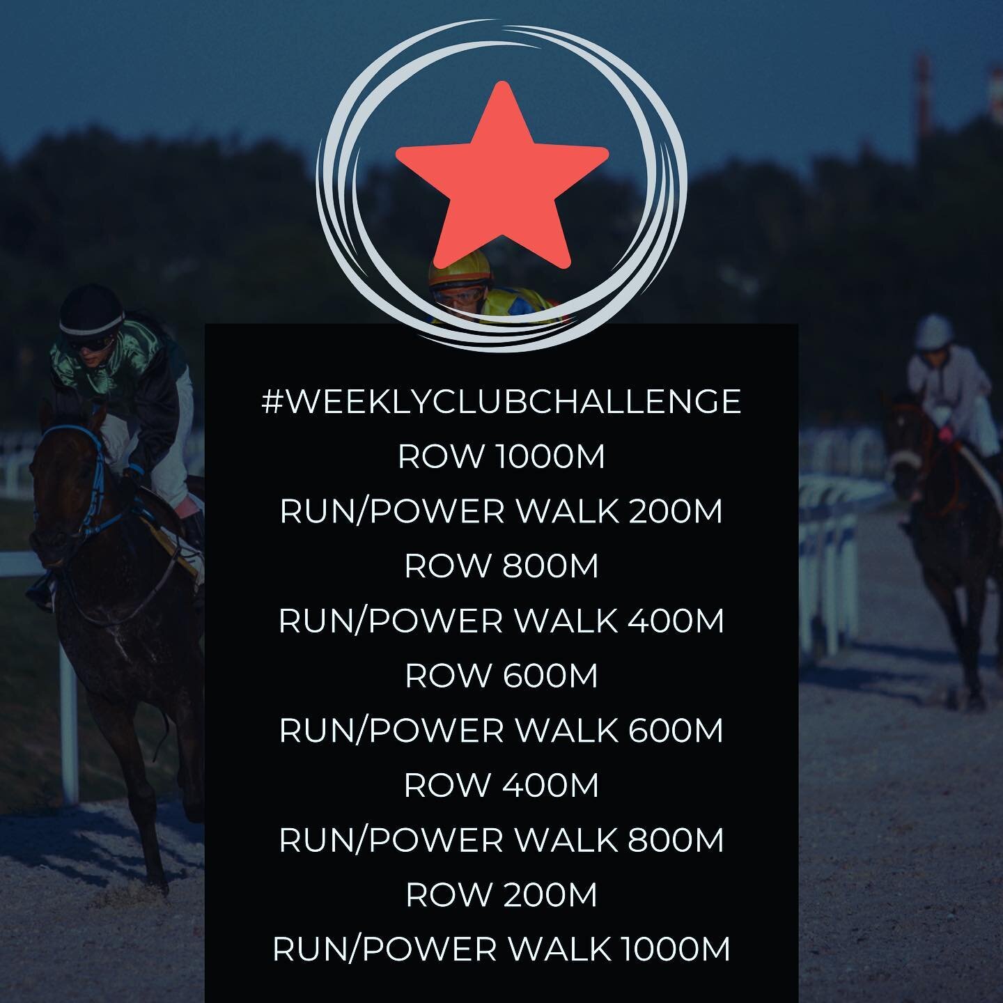 Hold your horses for this #weeklyclubchallenge! 

Establish a manageable pace for each cardio machine and keep your heart rate in a moderate place. Slow and steady will win this race!