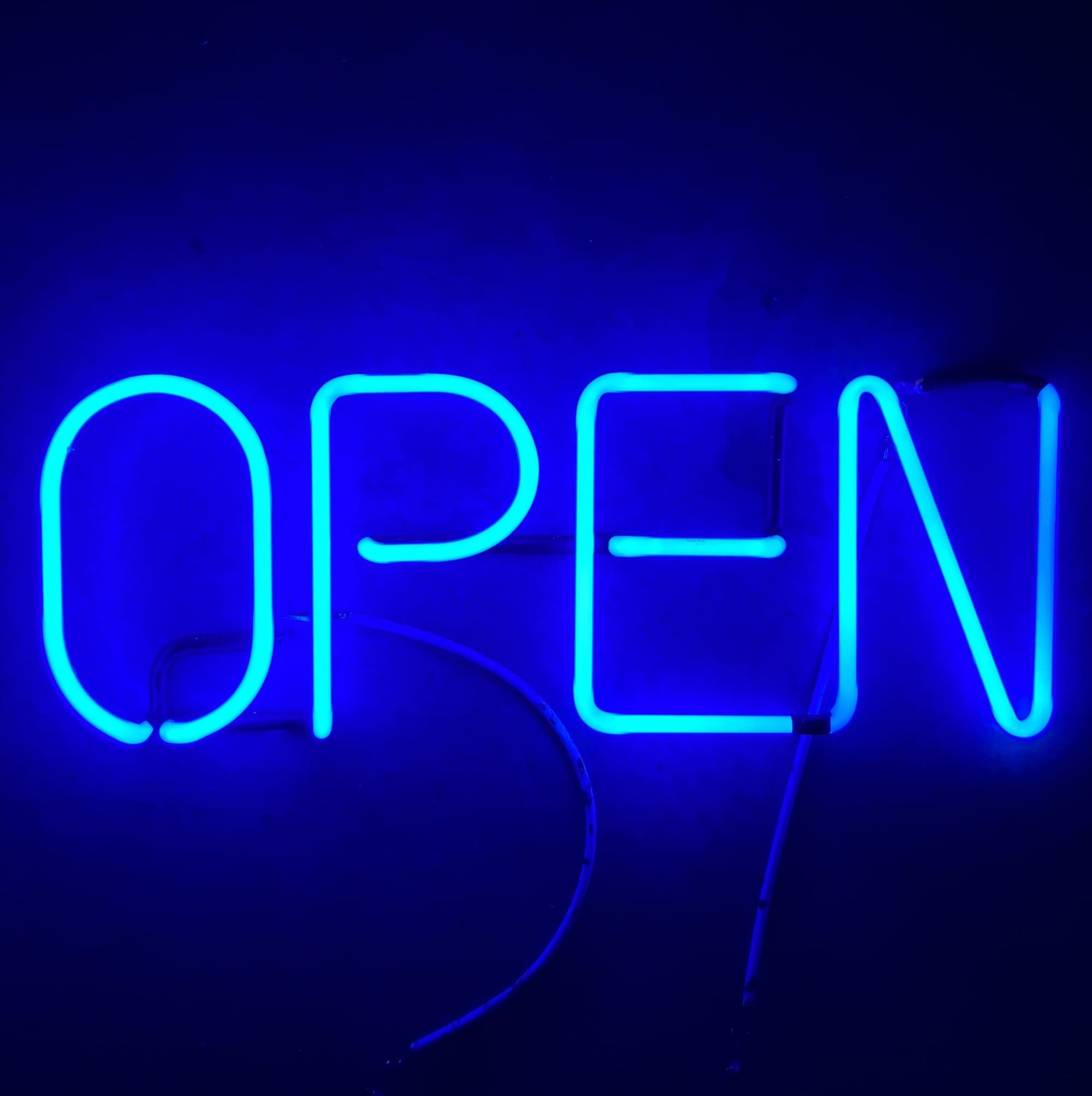 blue neon open sign prop rental