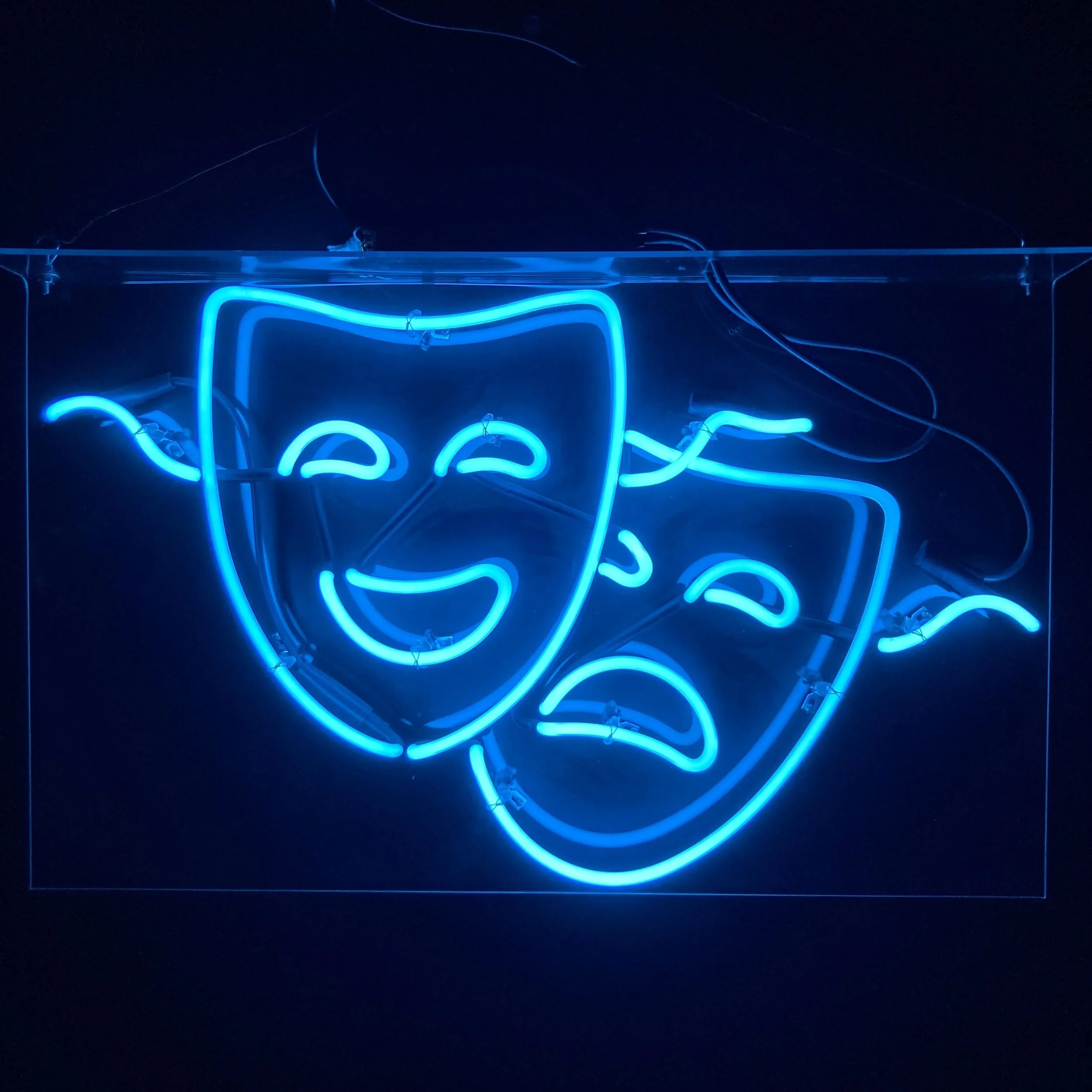 Dimmable real glass neon sign rental prop comedy tragedy masks