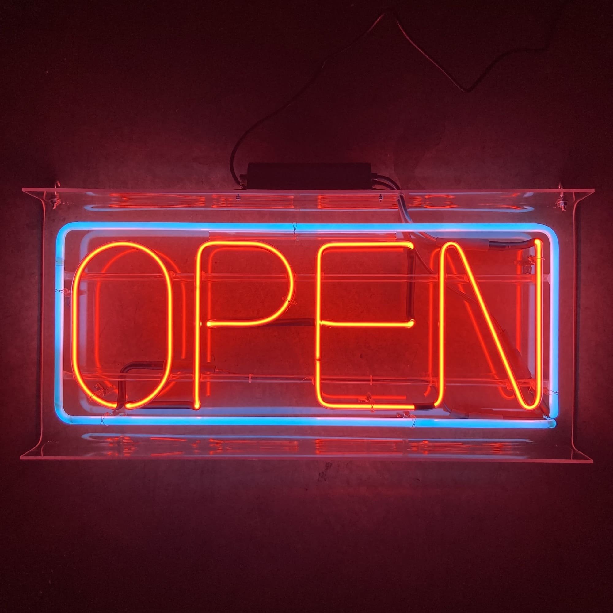 vintage blue red neon open prop rental