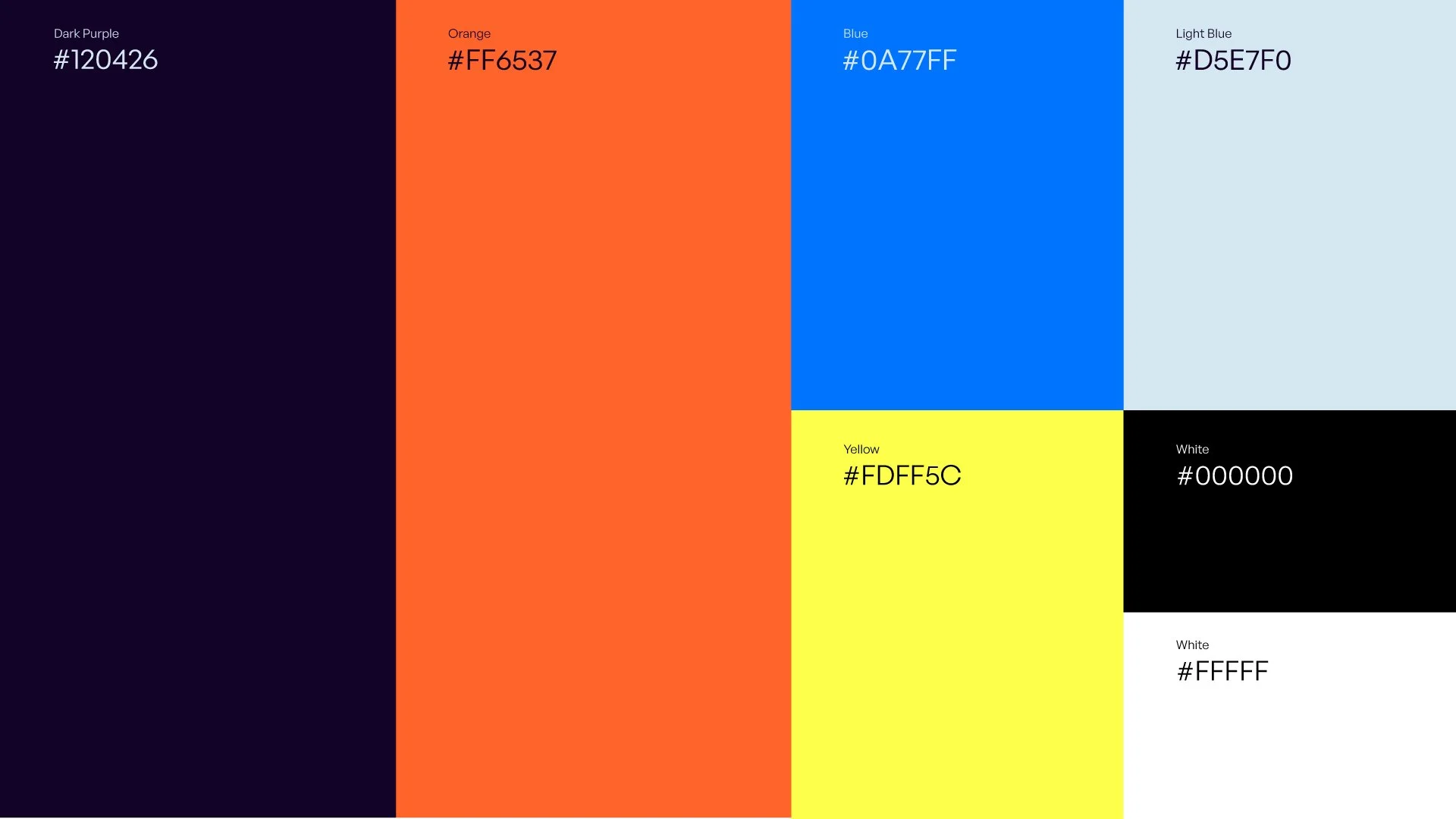 An arrangement of color swatches with their respective hexadecimal codes: Dark Purple, #120426; Orange, #FF6537; Blue, #0A77FF; Light Blue, #D5E7F0; Yellow, #FDFF5C; White, #FFFFFF; and Black, #000000.