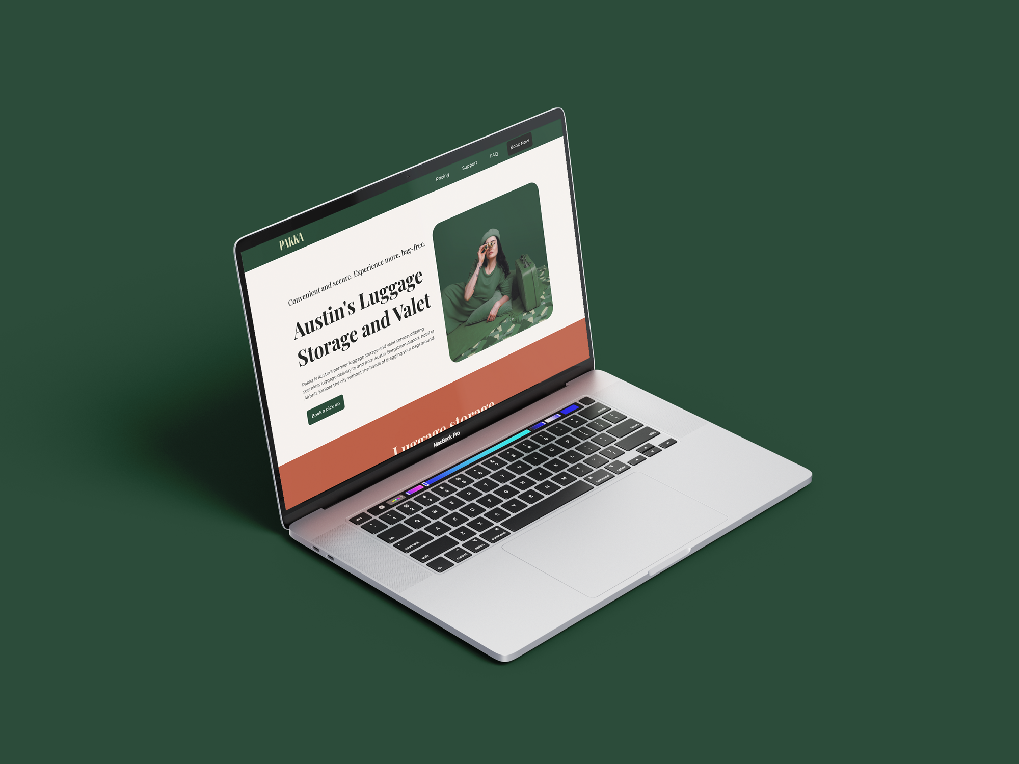 A silver MacBook Pro laptop on a green background displaying a website for a luggage storage service in Austin, featuring a woman in green clothing with a suitcase.