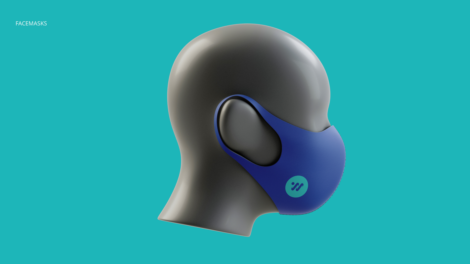 A gray mannequin head wearing a blue face mask with a logo on the side, set against a cyan background. The text 'FACEMASKS' is in the top left corner.