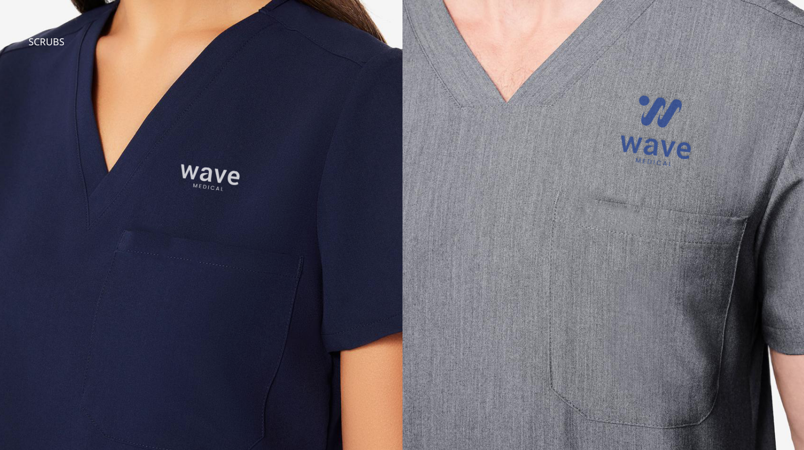 Close-up of two medical scrubs, one navy blue and one gray, both with 'wave MEDICAL' logos on the chest, showing upper torsos.