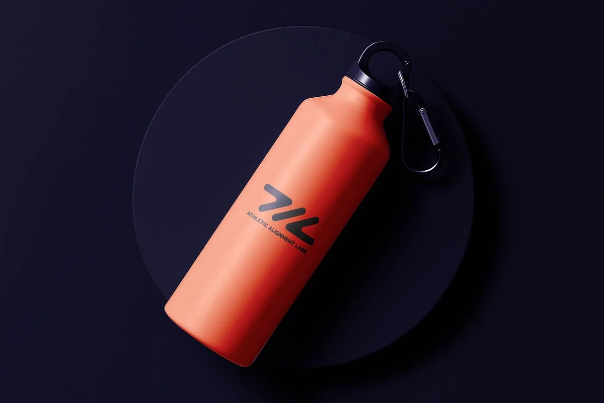 A black water bottle with a carabiner clip attached, placed on a black circular surface against a dark background. The bottle has the logo 'UAL' and the words 'ATHLETIC ALIGNMENT LAB' printed on it.
