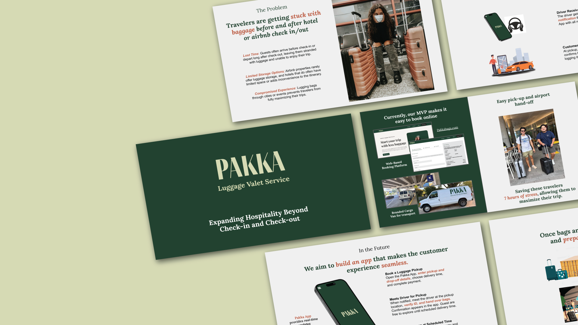 Collection of marketing materials and website screenshots for PAKKA Luggage Valet Service, including a brochure page with a woman sitting among luggage at an airport, information about baggage service issues, online booking options, and a photo of travelers with luggage.
