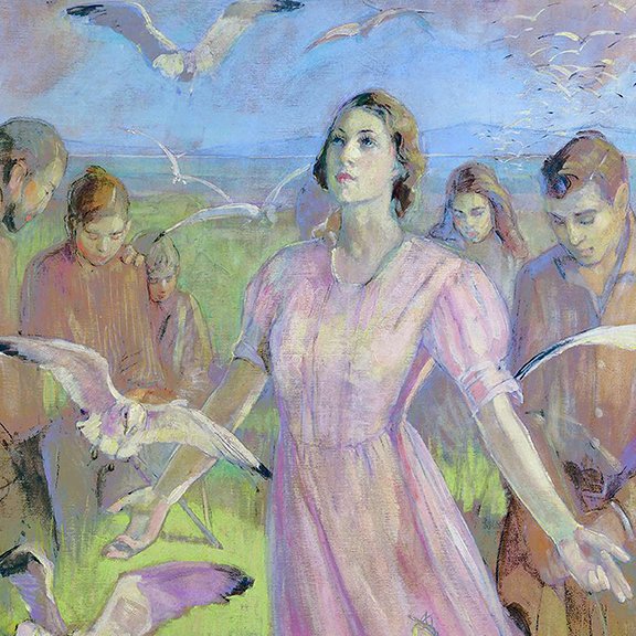 Minerva Teichert art Miracle of the Gulls is a beautiful LDS art story from Mormon history.